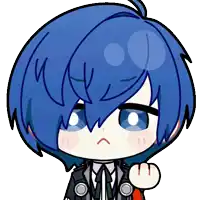 a cartoon drawing of a boy with blue hair and white eyes