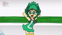 a cartoon drawing of a girl with green hair and the words slime cat below her