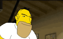 a pixel art drawing of homer simpson with a beard and the letter m on his ear