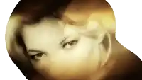 a close up of a woman 's face with a butterfly in the background