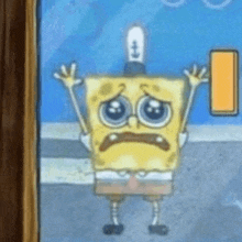 spongebob squarepants is standing in front of a mirror with his hands up and a sad face .