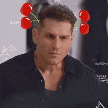 a man with cherries on his head stands in front of a blackboard with math equations on it