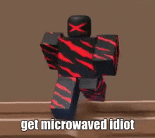 a roblox character with a red and black striped shirt is walking on a wooden floor .