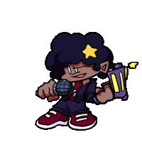 a cartoon character with a microphone and a star on his head .