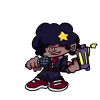 a cartoon character with a microphone and a star on his head .
