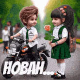 a boy on a motorcycle giving a girl a rose