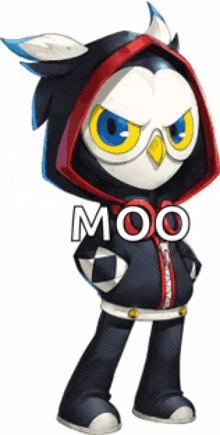 a cartoon owl wearing a hooded jacket with the word moo written on it