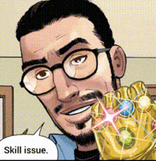 a man with glasses and a beard is holding a infinity gauntlet