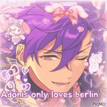 a picture of a boy with purple hair and the words adonis only loves berlin on the bottom