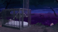 a cartoon character is standing in front of a cage .