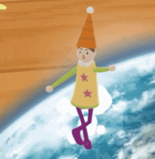a cartoon character with purple feet and a yellow shirt with stars on it