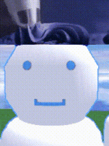 a snowman with blue eyes and a smiley face