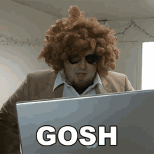 a man wearing a wig and sunglasses is using a laptop with the word gosh written on the screen