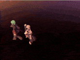 two anime characters are dancing in a dark room