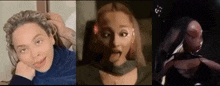 a collage of three pictures of a woman making a face .