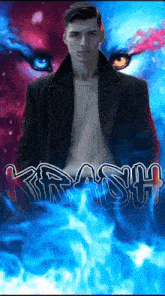 a man in a black coat stands in front of a blue and red background with the name kirash written on it