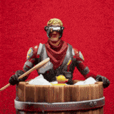 a cartoon character is taking a bath in a wooden tub