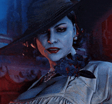 a woman wearing a hat and a flower around her neck has the word strange on the bottom right