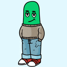 a cartoon character with a green head wearing a brown sweater and blue jeans