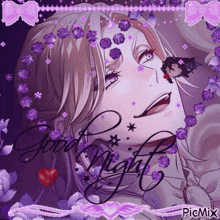 a picture of a man with purple flowers and the words good night