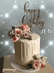 a birthday cake with flowers on top of it and a happy birthday jen sign .