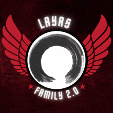 a logo for layas family 2.0 with red wings on a dark background