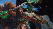a video game character holding a green axe with the letter e on it