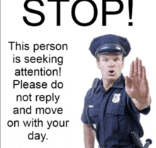 a police officer holds up his hand in front of a sign that says " stop "