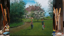 a painting of a man and woman standing in front of a house made in animatica
