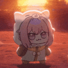a cartoon character with pink hair and a cat costume is standing in front of a fire .