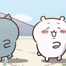 a cartoon cat and a cartoon bear are standing next to each other on a field .