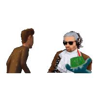 a man wearing headphones and sunglasses is holding a card that says ' a ' on it