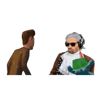 a man wearing headphones and sunglasses is holding a card that says ' a ' on it