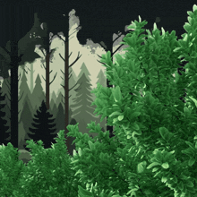 a drawing of a forest with trees and bushes in the foreground