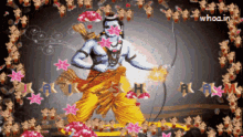 a painting of a man with a bow and arrow surrounded by pink flowers