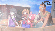 a group of anime characters including a teddy bear and a man with a x on his shirt