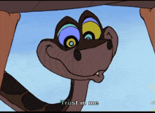 a cartoon snake says " trust in me " at the bottom of the screen