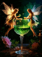 two fairies are flying over a glass of green liquid .