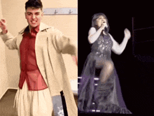 a man in a trench coat next to a woman in a purple dress