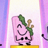 a cartoon character with a smiley face and mushrooms on it 's head is standing on a podium .