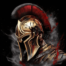 a painting of a spartan warrior with blood dripping from his helmet