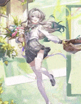 a girl is holding a bouquet of flowers and a bag