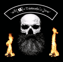 a skull with a beard is surrounded by flames and the words k-tastrofe joe