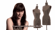 a woman is crying in front of three mannequins and saying `` i 'm gonna need fucking therapy after this '' .