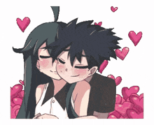 a pixel art drawing of a boy and a girl hugging with hearts around them
