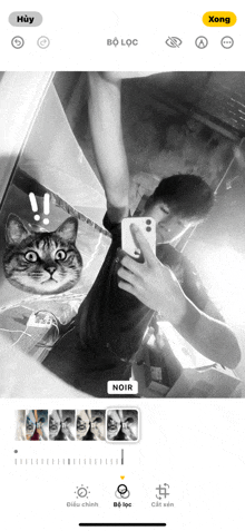 a black and white photo of a man taking a selfie with a cat in the mirror