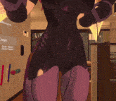 a woman in a purple bodysuit is standing in front of a wall that says night on it