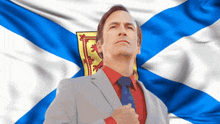 a man in a suit and tie stands in front of a flag
