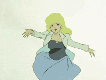 a cartoon of a woman in a blue skirt and white jacket