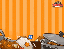 a cartoon drawing of a sheep cooking a meal with a pot of curry